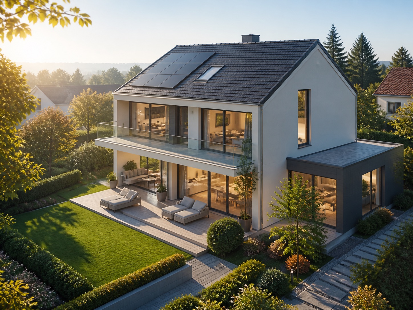 Sunlit modern home with a garden and solar panels