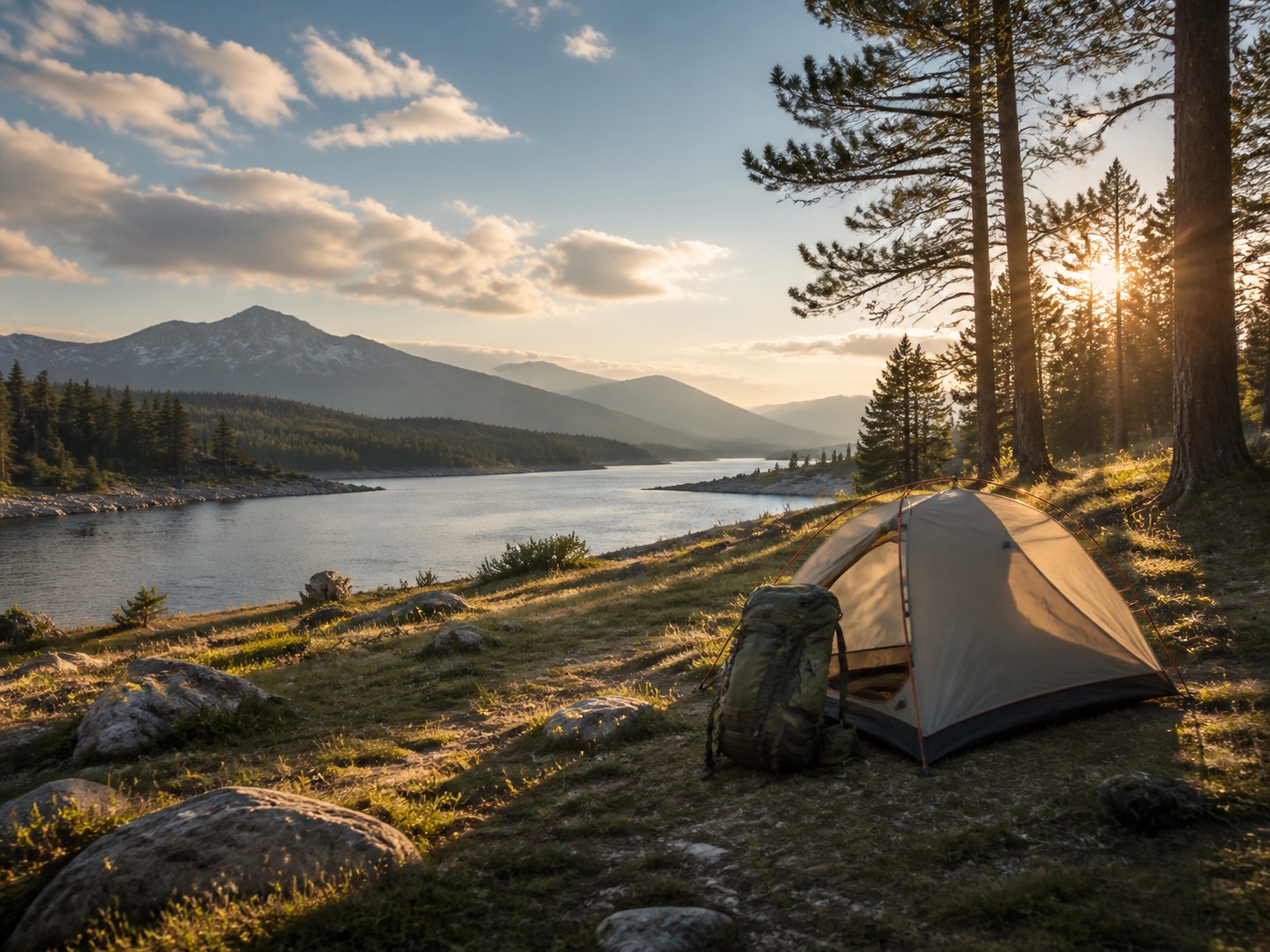 Tent and backpack beside a sunlit mountain lake